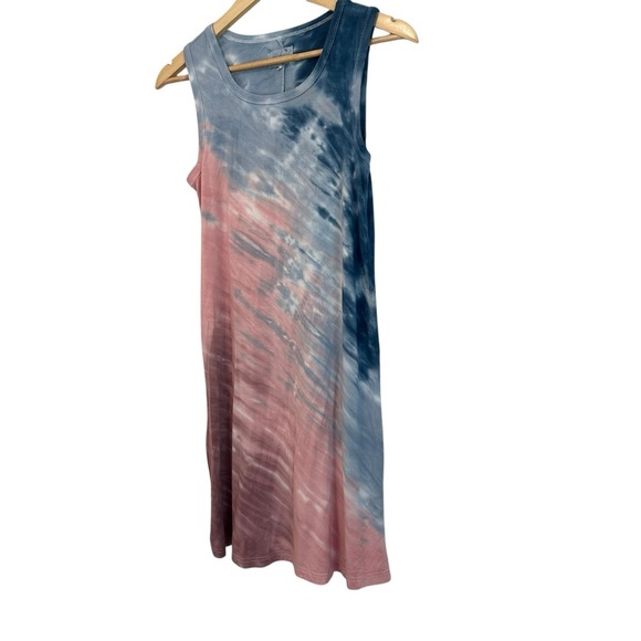 Women's Small Tie Dye Soft Stretchy Casual Vacation Beachy Blue Pink Shirt Dress - Picture 2 of 5